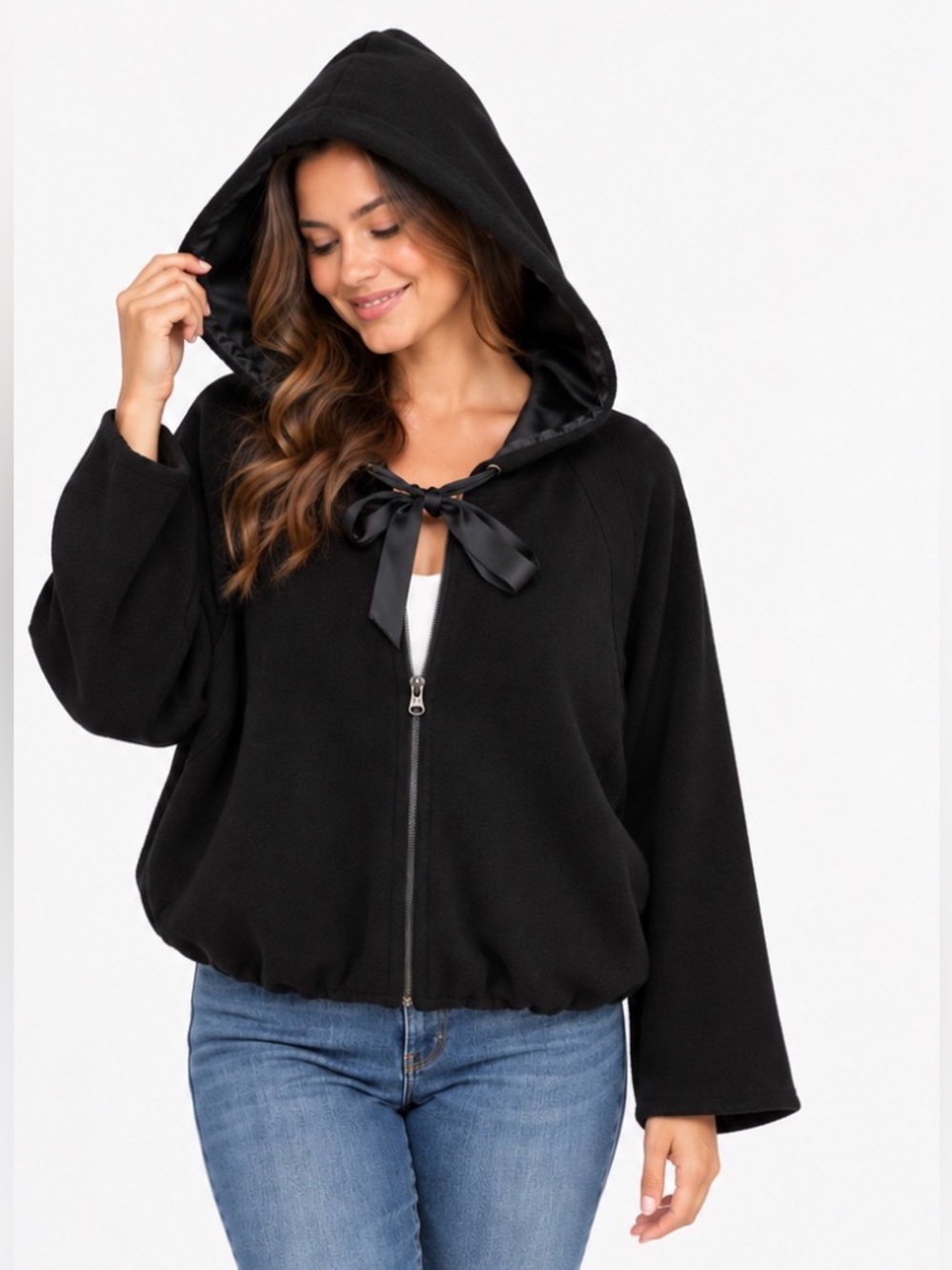 Victoria’s Secret hoodie / sweatshirt. Cropped. Black fleece, silky lining. Sz M